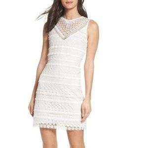 Sam Edelman White Lace Fringe Sheer Neck Sleeveless Sheath Dress, 10